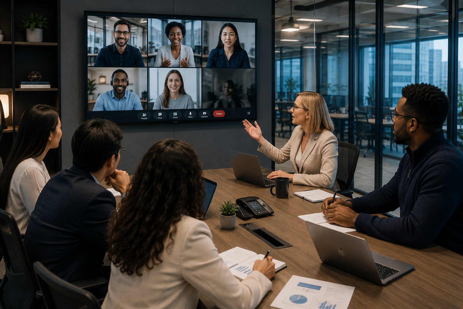 Business team in a boardroom video meeting